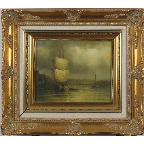 1628 - James Hardy - French harbour scene, oil on panel, mounted and framed, 24cm x 19.5cm