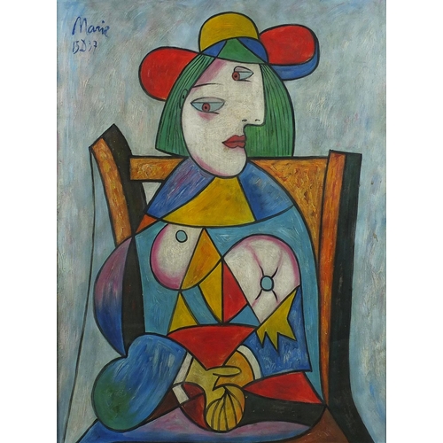 1632 - Abstract composition, cubist portrait of a seated female, oil on canvas, bearing a signature Marie, ... 