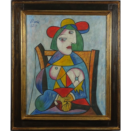 1632 - Abstract composition, cubist portrait of a seated female, oil on canvas, bearing a signature Marie, ... 