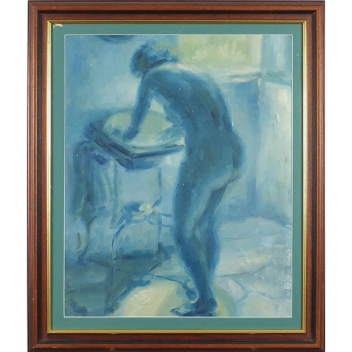 1635 - Ken Moroney - Female in an interior by a basin, monochrome oil on board, signed under mount, mounted... 