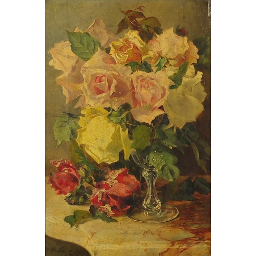 1462 - Walter G Sanders - Still life roses, 19th century oil on canvas, framed, 29.5cm x 19cm