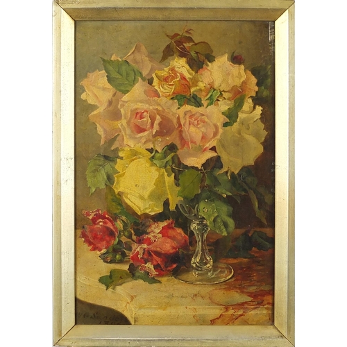 1462 - Walter G Sanders - Still life roses, 19th century oil on canvas, framed, 29.5cm x 19cm