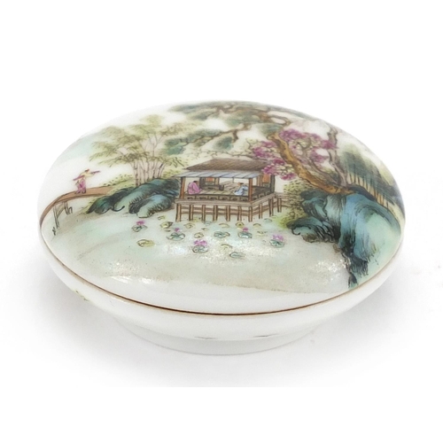 627 - Chinese porcelain seal/rouge box, hand painted in the famille rose palette with river landscape, six... 