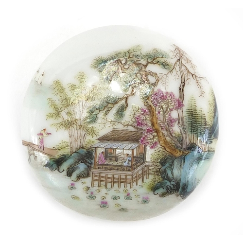 627 - Chinese porcelain seal/rouge box, hand painted in the famille rose palette with river landscape, six... 