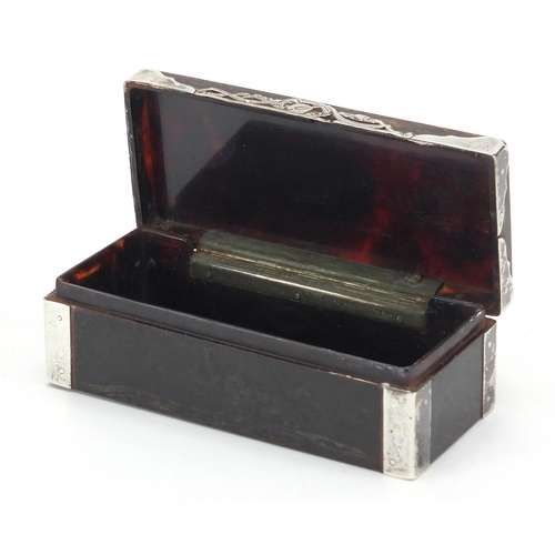 18 - 18th century rectangular tortoiseshell snuff box with silver mounts, the hinged lid with silver cart... 