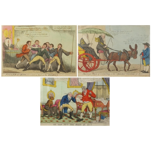 1688 - Three 19th century satirical and caricature coloured etchings, comprising He Has Put His Foot In It!... 