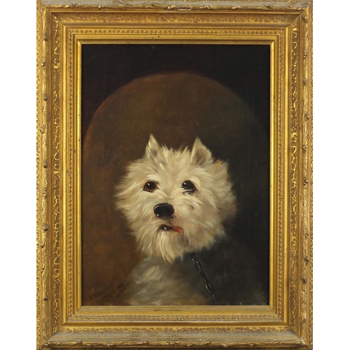 1491 - A Meredith 1866 - Portrait of a Scotty Dog, 19th century oil on canvas, label verso, mounted and fra... 