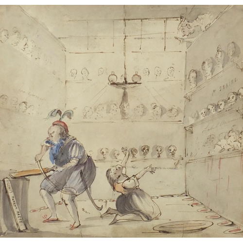 1423 - Attributed to Thomas Rowlandson - Blue beard and his wives, late 18th century watercolour, label ver... 