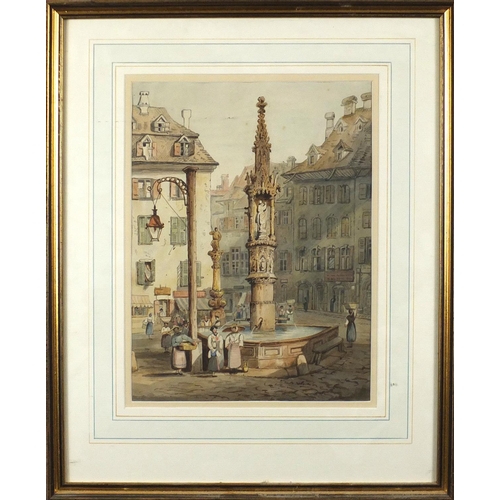 1485 - Follower of Samuel Prout, Fountain at Basle, 19th century English school watercolour, inscribed Marr... 