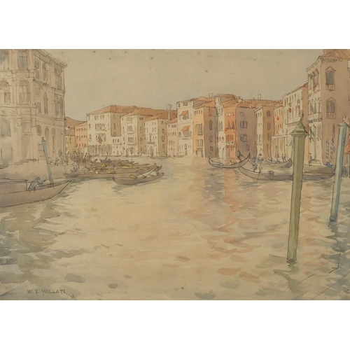 1422 - William E Willats '26 - Venetian canal with gondolas, ink and watercolour, mounted and framed, 40cm ... 
