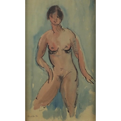 1566 - Portrait of a standing nude female, watercolour, bearing a signature Nolde '50, framed, 44cm x 27.5c... 