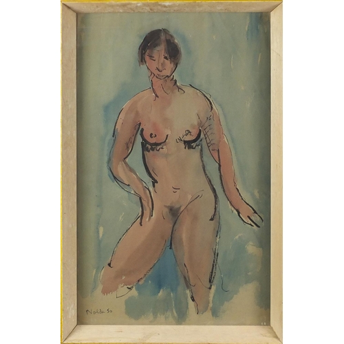 1566 - Portrait of a standing nude female, watercolour, bearing a signature Nolde '50, framed, 44cm x 27.5c... 