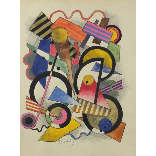 1534 - Abstract composition, geometric shapes, Russian school mixed media, bearing an indistinct signature,... 