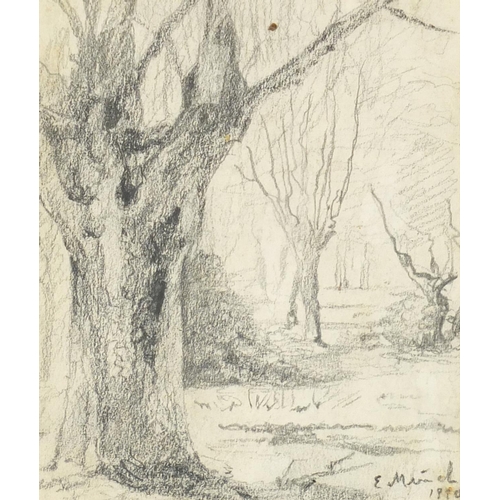 1567 - Study of trees, pencil sketch, bearing an indistinct signature E Munch 1880 and label verso, mounted... 