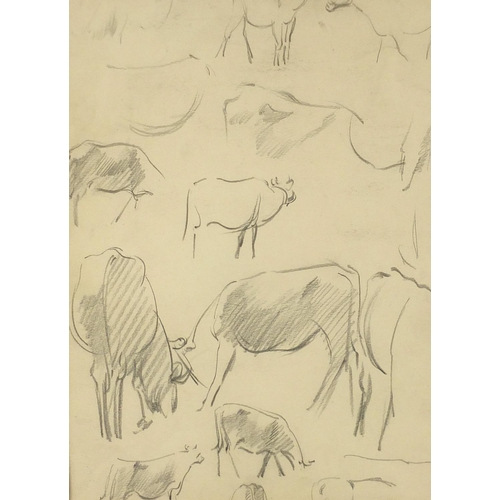 1495 - Grazing cattle, pencil sketch on paper, bearing a partially obscured signature, mounted and framed, ... 