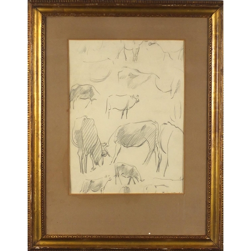 1495 - Grazing cattle, pencil sketch on paper, bearing a partially obscured signature, mounted and framed, ... 