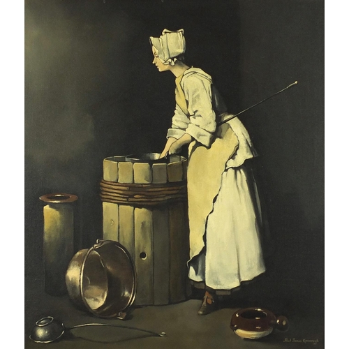 1526 - Paul James Kavanagh - Female washing, oil on canvas, framed, 60cm x 52.5cm