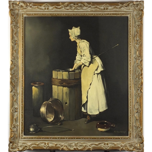 1526 - Paul James Kavanagh - Female washing, oil on canvas, framed, 60cm x 52.5cm