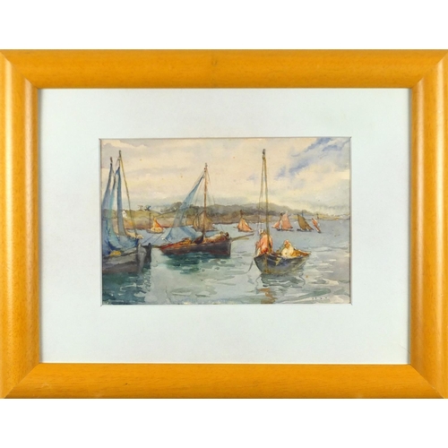 1465 - Manner of Henry Scott Tuke - Coastal scenes with boats, pair of St Ives school watercolours, mounted... 