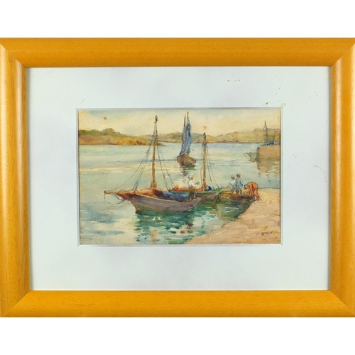 1465 - Manner of Henry Scott Tuke - Coastal scenes with boats, pair of St Ives school watercolours, mounted... 