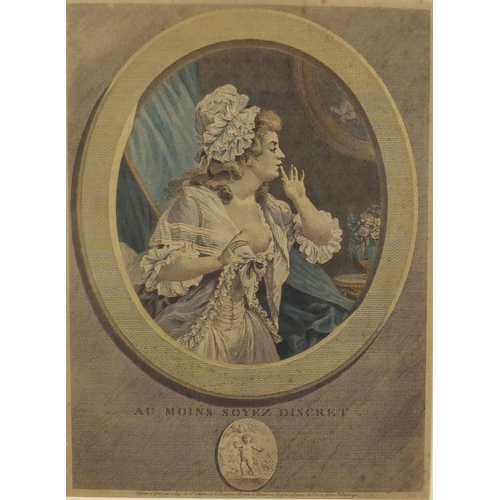 1684 - Au Moins Soyez Discret, 18th century engraving, hand coloured, mounted and framed, 34cm x 25cm