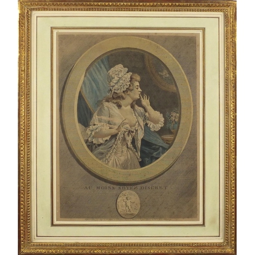 1684 - Au Moins Soyez Discret, 18th century engraving, hand coloured, mounted and framed, 34cm x 25cm