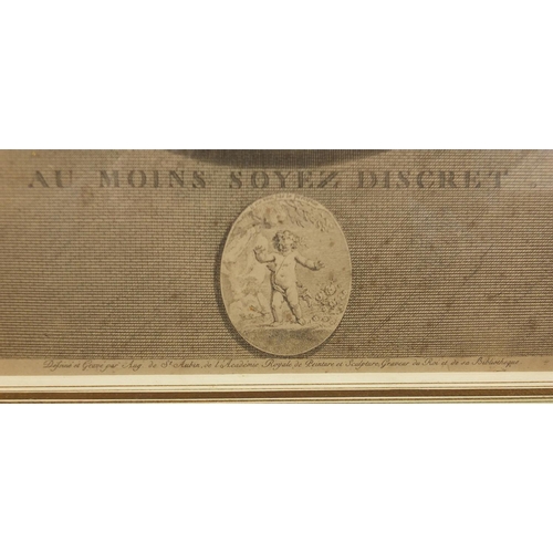 1684 - Au Moins Soyez Discret, 18th century engraving, hand coloured, mounted and framed, 34cm x 25cm