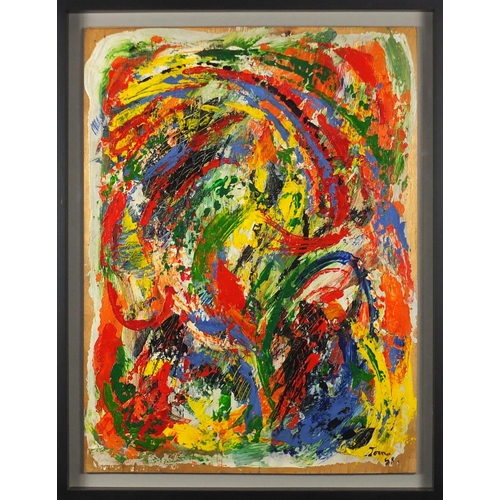 1417 - Abstract composition, oil on board, bearing a signature Jorn '58, mounted and framed