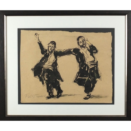1562 - Two Jewish men dancing, mixed media on paper, bearing a signature Feliks Topolski, mounted and frame... 
