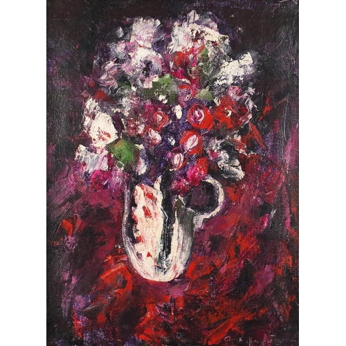 1640 - Still life, flowers in a jug, oil on canvas, bearing a signature Anne Redpath, framed, 59cm x 44cm