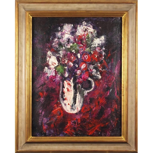 1640 - Still life, flowers in a jug, oil on canvas, bearing a signature Anne Redpath, framed, 59cm x 44cm