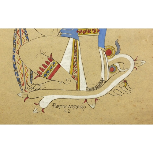 1468 - Seated mythical beast, ink and gouache on paper and card, bearing a signature Portocarreo '42, unfra... 