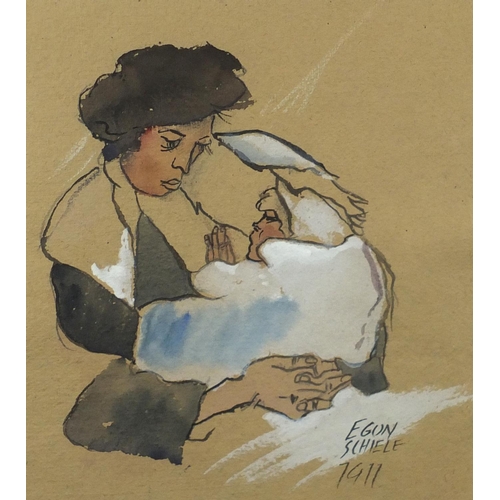 1469 - After Egon Schiele 1911 - Mother and child, heightened watercolour on card, mounted and framed, 30cm... 