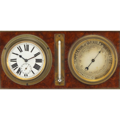 1328 - Gilt brass easel desk clock, barometer and thermometer, 9cm H x 17.5cm W