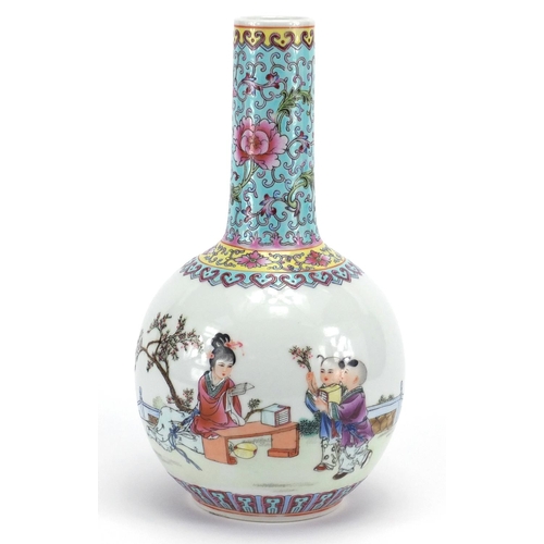 626 - Chinese porcelain bottle vase, hand painted in the famille rose palette with children and a female i... 