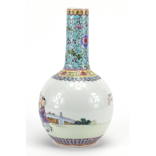 626 - Chinese porcelain bottle vase, hand painted in the famille rose palette with children and a female i... 