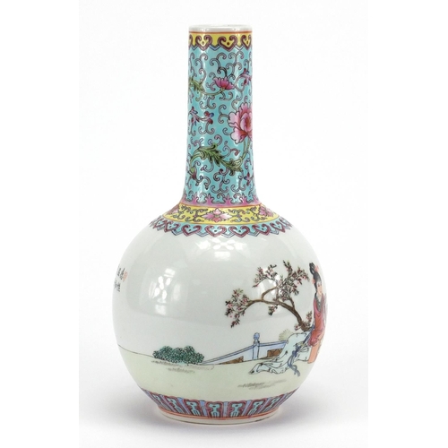 626 - Chinese porcelain bottle vase, hand painted in the famille rose palette with children and a female i... 