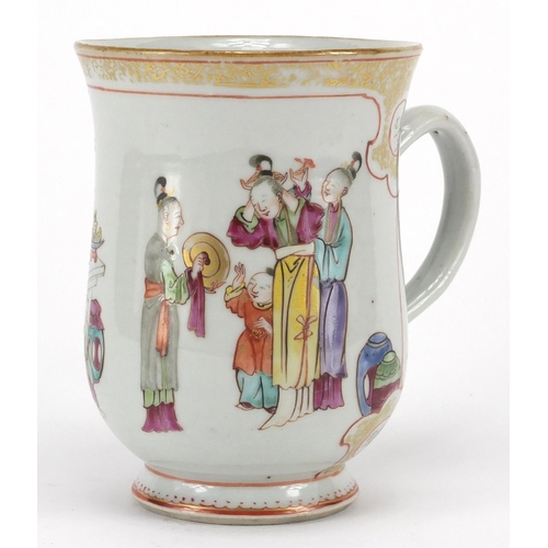 639 - Chinese porcelain gilded tankard, hand painted in the famille rose palette with mothers and children... 