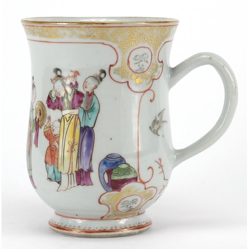 639 - Chinese porcelain gilded tankard, hand painted in the famille rose palette with mothers and children... 