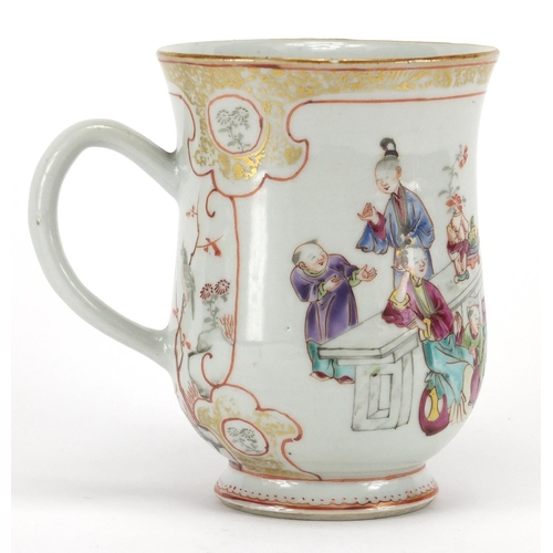 639 - Chinese porcelain gilded tankard, hand painted in the famille rose palette with mothers and children... 