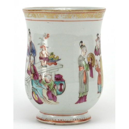 639 - Chinese porcelain gilded tankard, hand painted in the famille rose palette with mothers and children... 