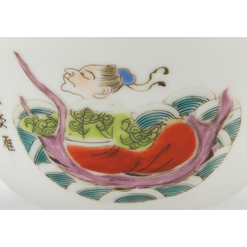 631 - Chinese porcelain rice bowl and cover, hand painted in the famille rose palette with figures, object... 