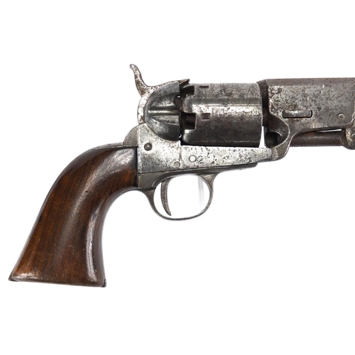 584 - Colt patent revolver with wooden grip, the hexagonal barrel etched with Naval scene, numbered 22130,... 