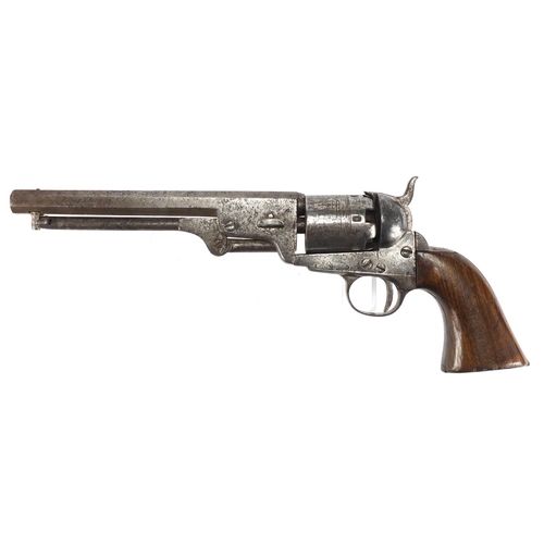 584 - Colt patent revolver with wooden grip, the hexagonal barrel etched with Naval scene, numbered 22130,... 