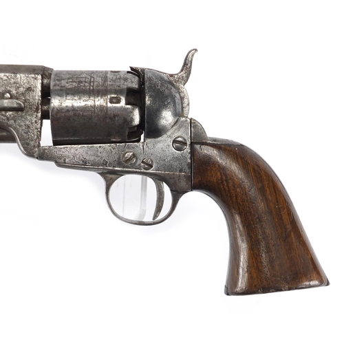 584 - Colt patent revolver with wooden grip, the hexagonal barrel etched with Naval scene, numbered 22130,... 