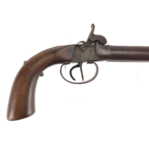 587 - 19th century percussion double barrel pistol, various impressed marks and numbered 24, 30cm in lengt... 