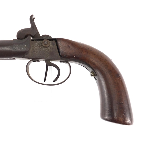 587 - 19th century percussion double barrel pistol, various impressed marks and numbered 24, 30cm in lengt... 