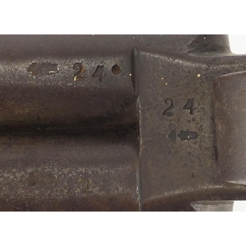 587 - 19th century percussion double barrel pistol, various impressed marks and numbered 24, 30cm in lengt... 