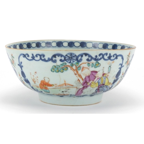 647 - Chinese porcelain mandarin bowl, hand painted in the famille rose palette with panels of figures and... 