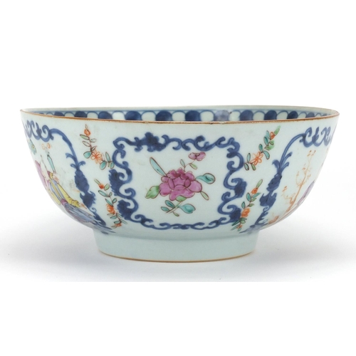 647 - Chinese porcelain mandarin bowl, hand painted in the famille rose palette with panels of figures and... 